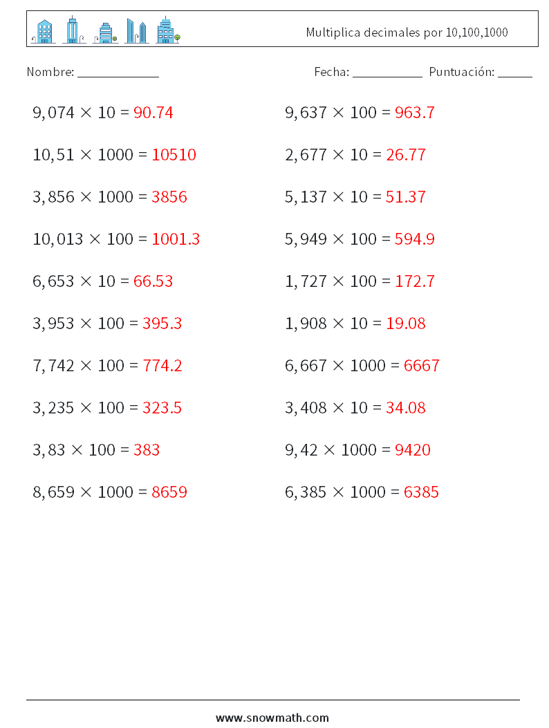 Multiplica decimales por 10,100,1000 Hojas de trabajo de matemáticas 2 Pregunta, respuesta