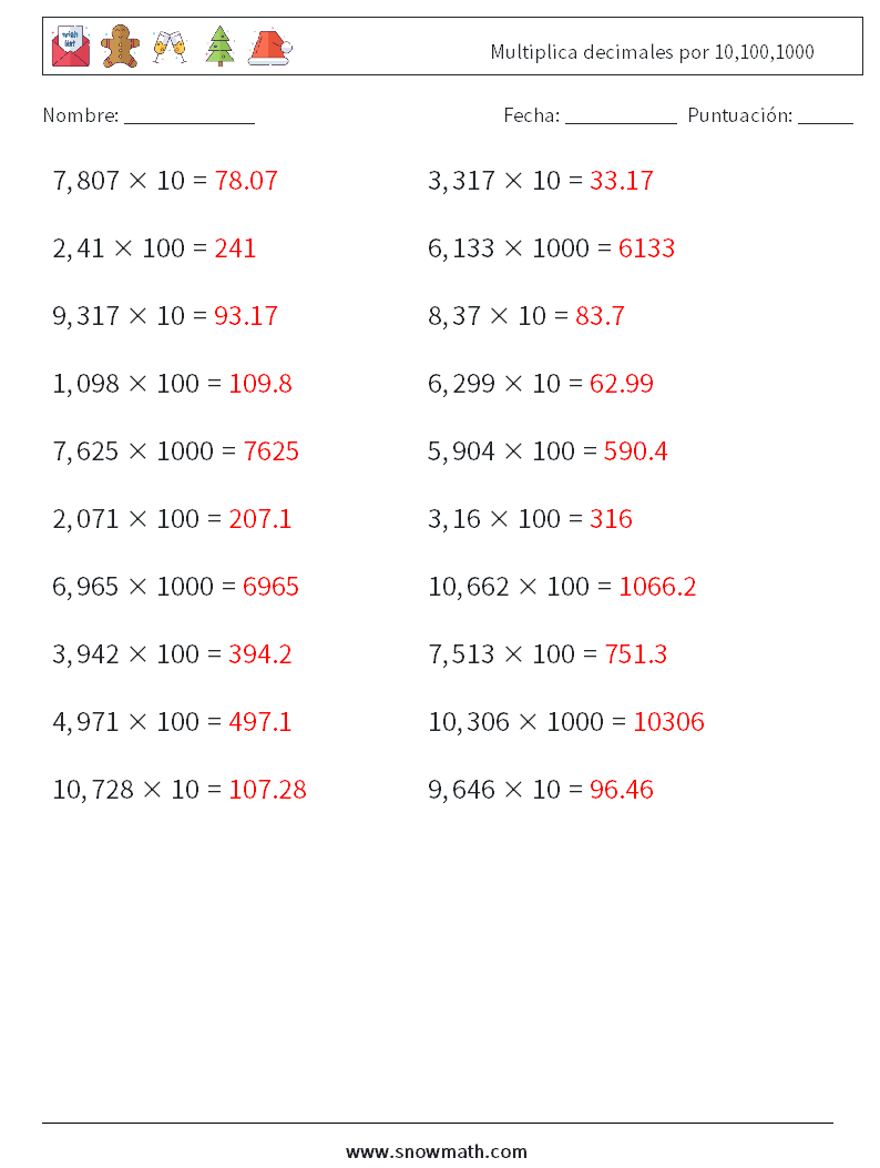 Multiplica decimales por 10,100,1000 Hojas de trabajo de matemáticas 3 Pregunta, respuesta