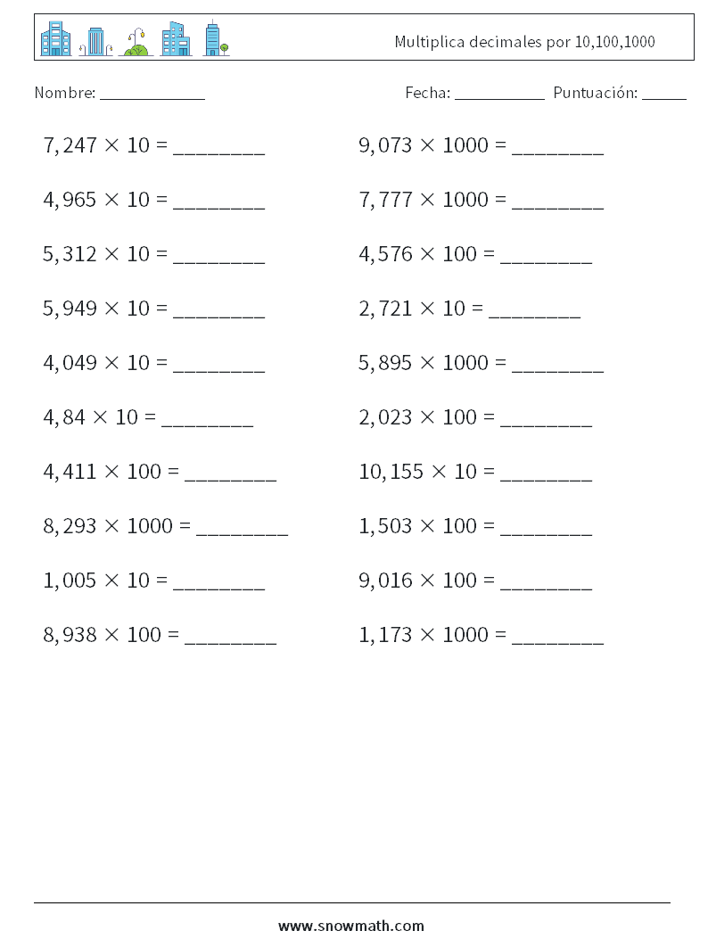 Multiplica decimales por 10,100,1000 Hojas de trabajo de matemáticas 4