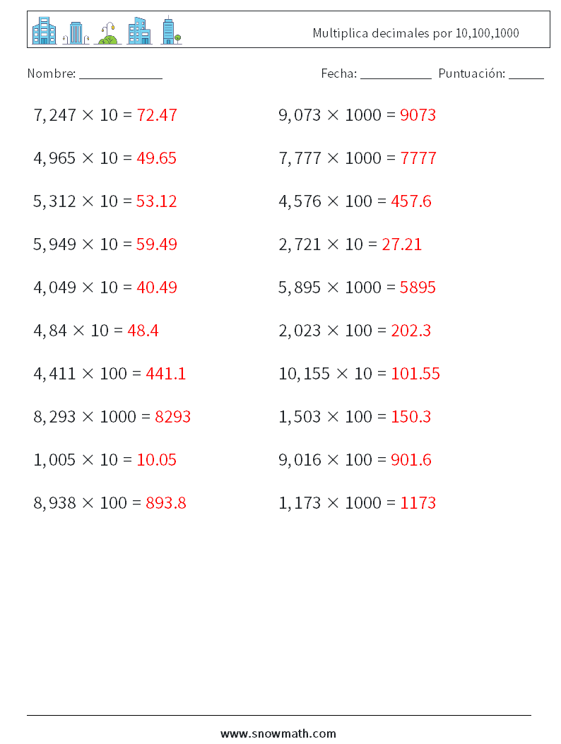 Multiplica decimales por 10,100,1000 Hojas de trabajo de matemáticas 4 Pregunta, respuesta