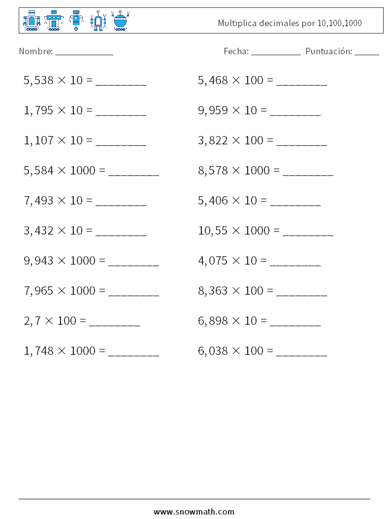 Multiplica decimales por 10,100,1000 Hojas de trabajo de matemáticas 5