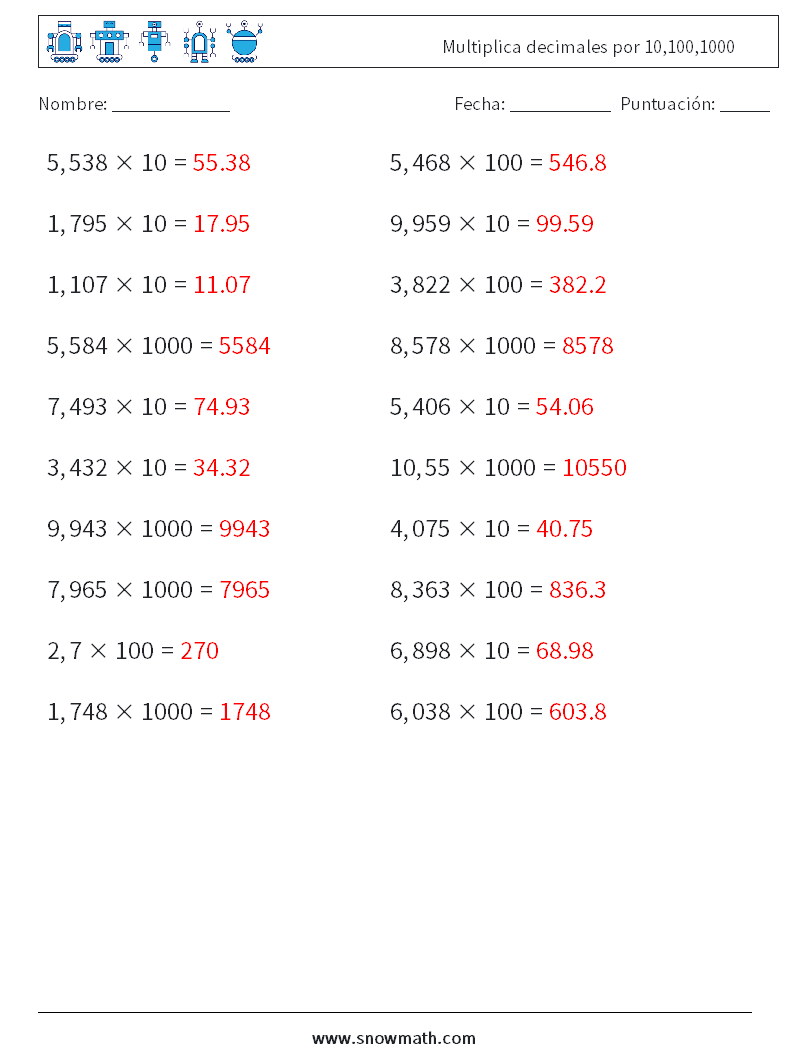 Multiplica decimales por 10,100,1000 Hojas de trabajo de matemáticas 5 Pregunta, respuesta