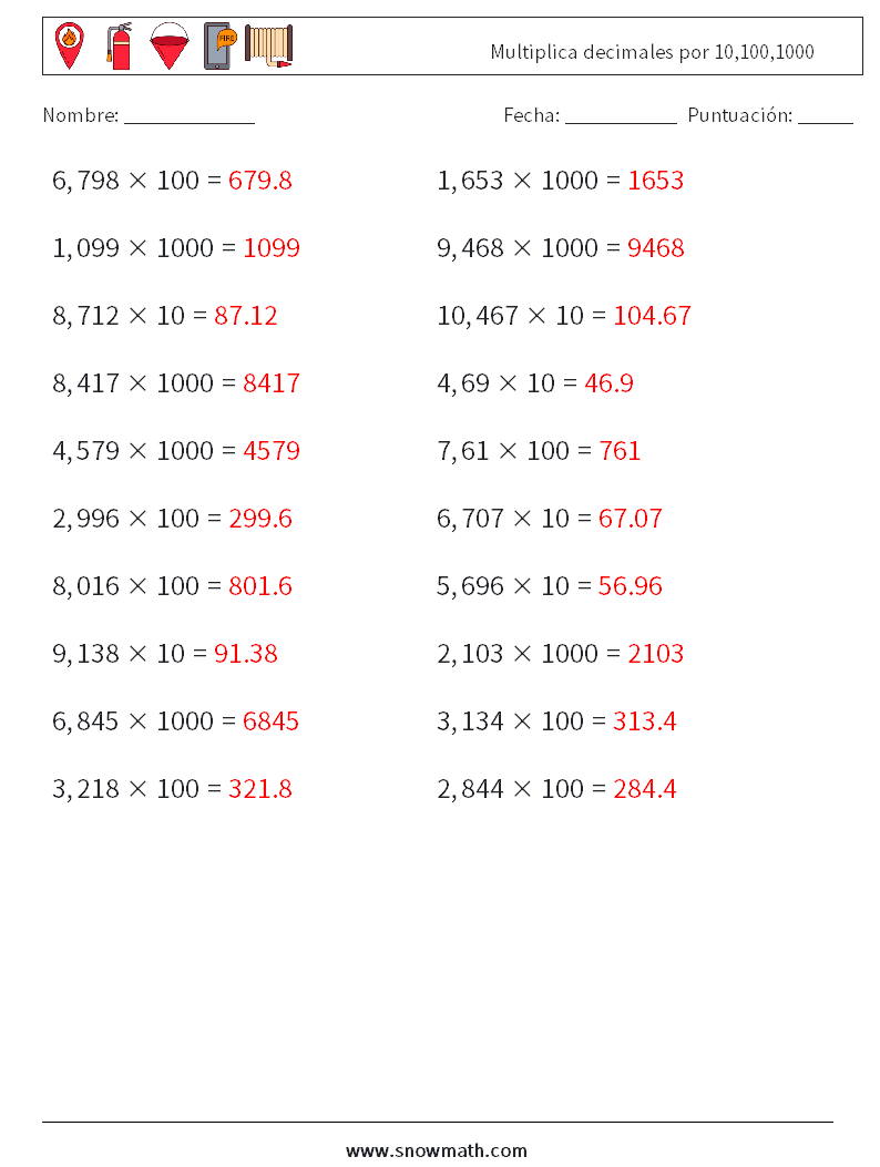 Multiplica decimales por 10,100,1000 Hojas de trabajo de matemáticas 7 Pregunta, respuesta