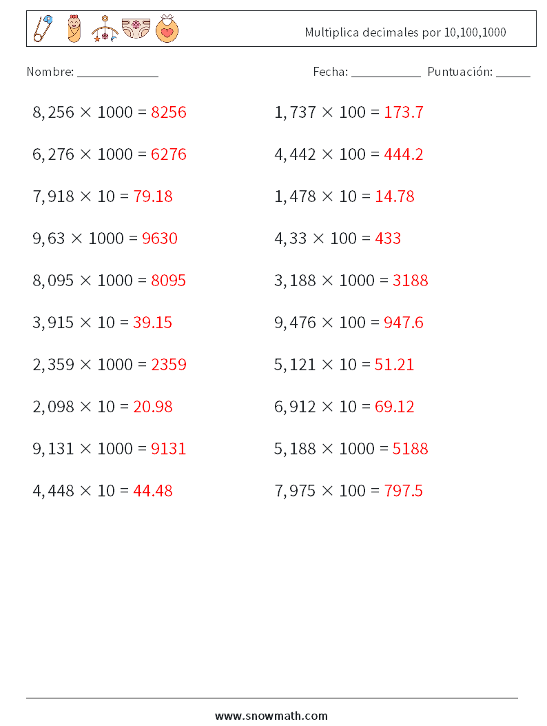 Multiplica decimales por 10,100,1000 Hojas de trabajo de matemáticas 8 Pregunta, respuesta