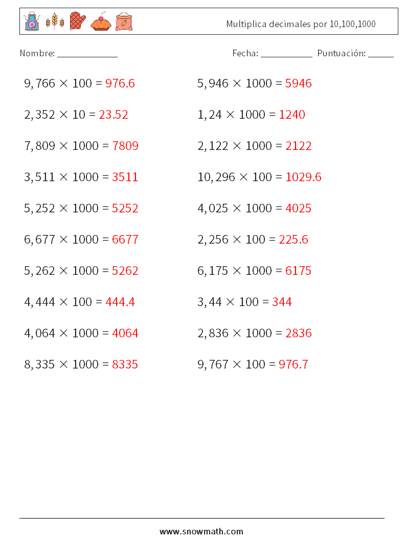 Multiplica decimales por 10,100,1000 Hojas de trabajo de matemáticas 9 Pregunta, respuesta