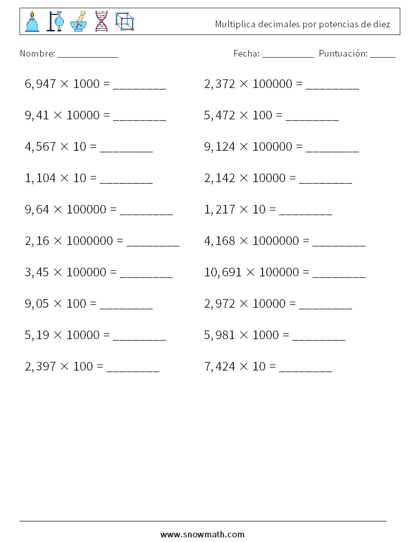 Multiplica decimales por potencias de diez Hojas de trabajo de matemáticas 1