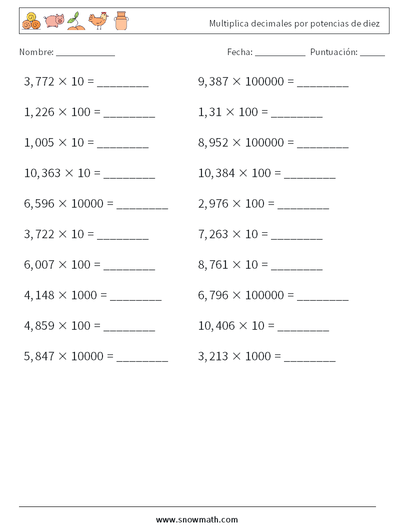 Multiplica decimales por potencias de diez Hojas de trabajo de matemáticas 10