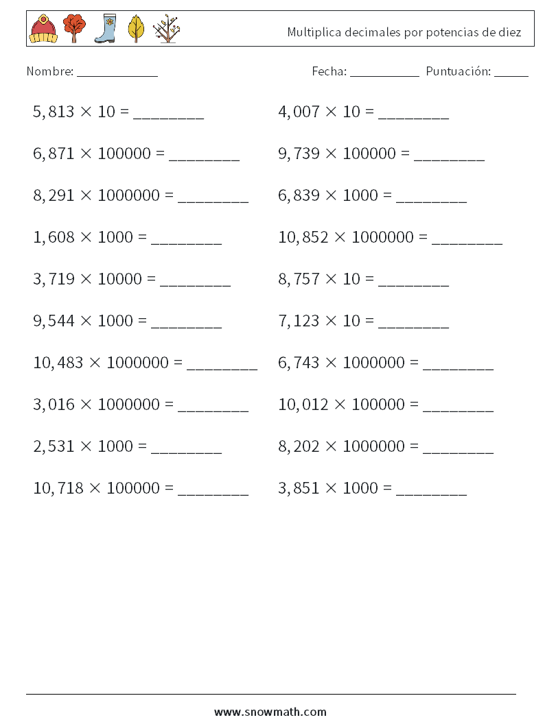 Multiplica decimales por potencias de diez Hojas de trabajo de matemáticas 11