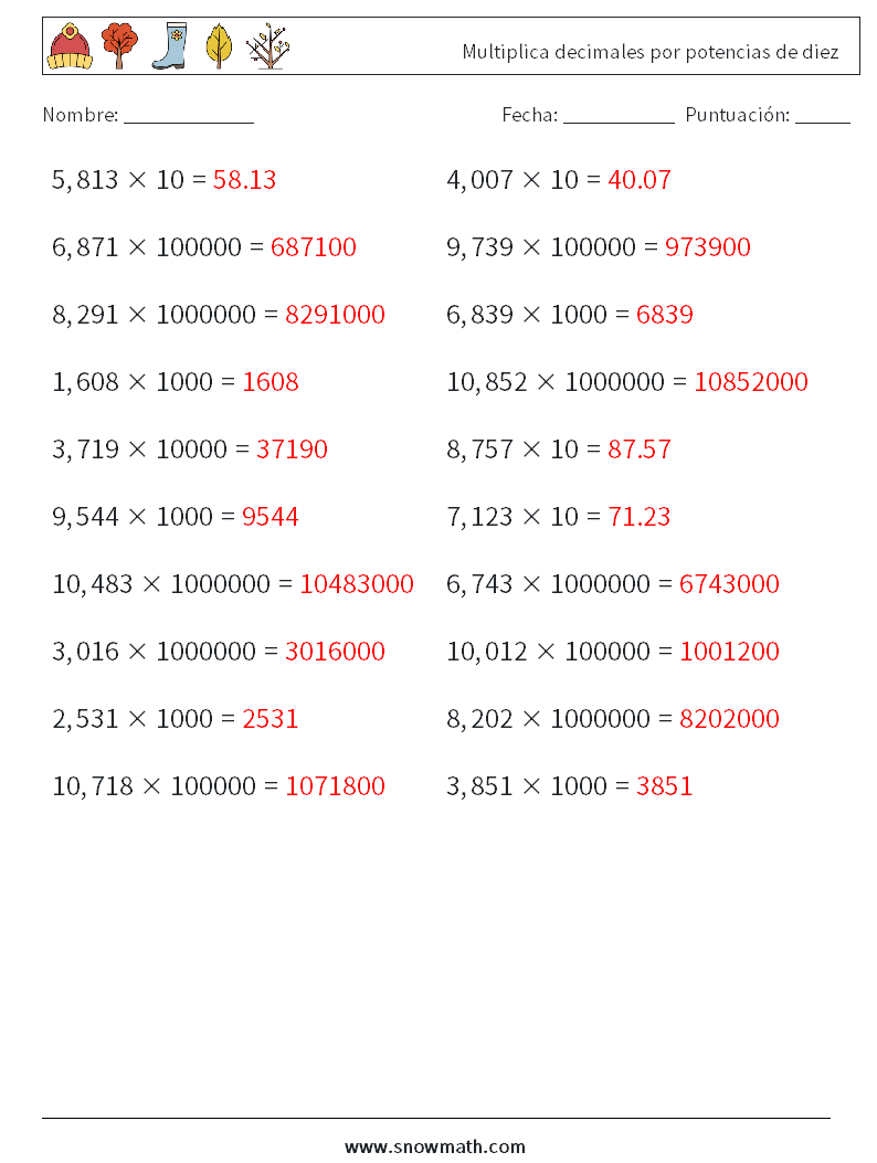 Multiplica decimales por potencias de diez Hojas de trabajo de matemáticas 11 Pregunta, respuesta