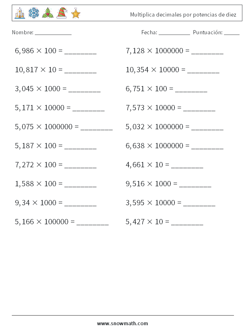 Multiplica decimales por potencias de diez Hojas de trabajo de matemáticas 12