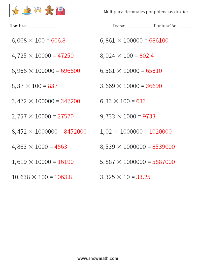 Multiplica decimales por potencias de diez Hojas de trabajo de matemáticas 13 Pregunta, respuesta