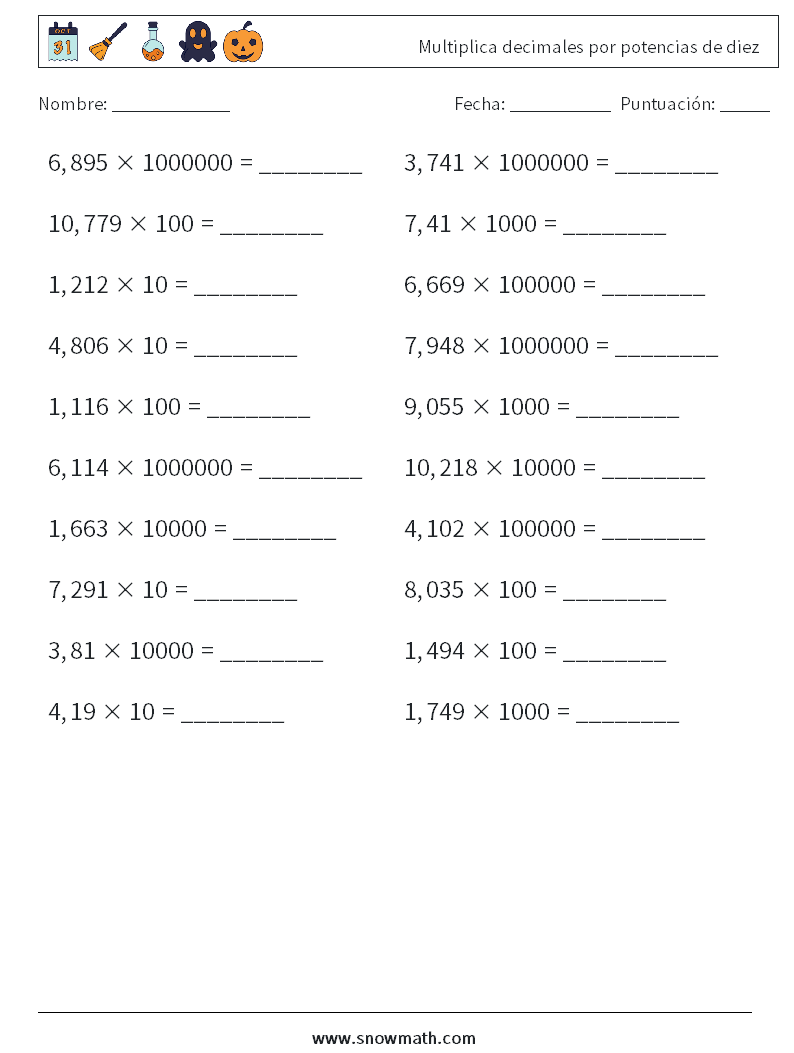 Multiplica decimales por potencias de diez Hojas de trabajo de matemáticas 14