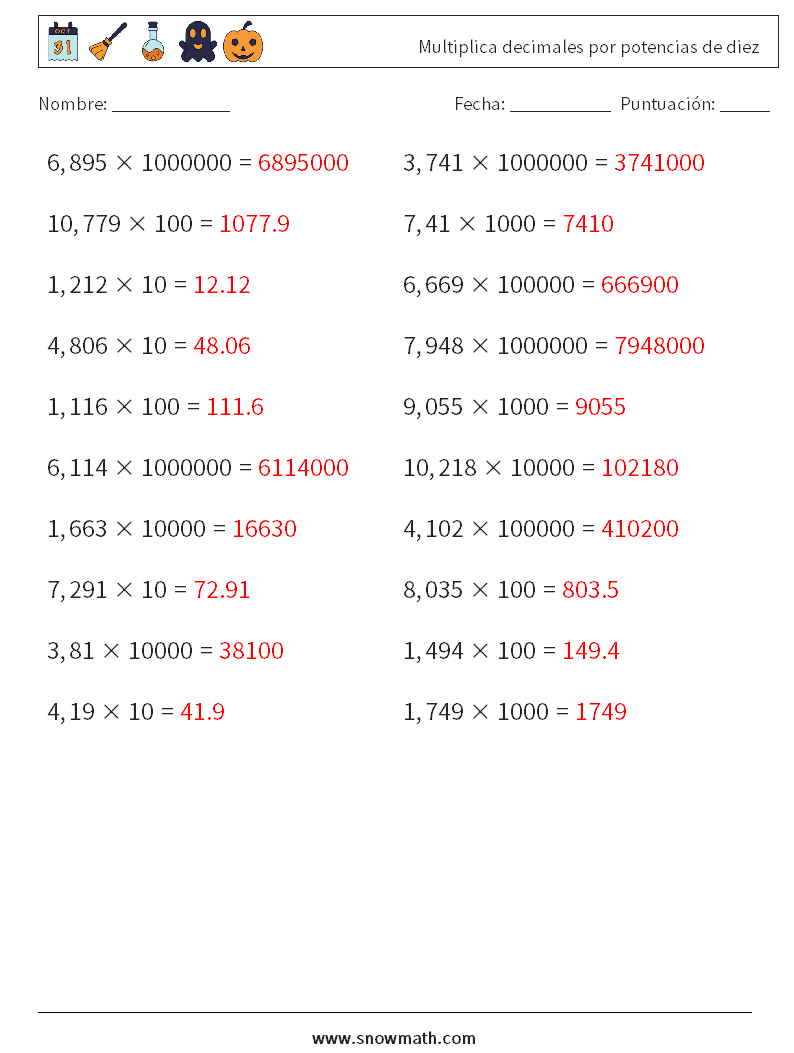 Multiplica decimales por potencias de diez Hojas de trabajo de matemáticas 14 Pregunta, respuesta