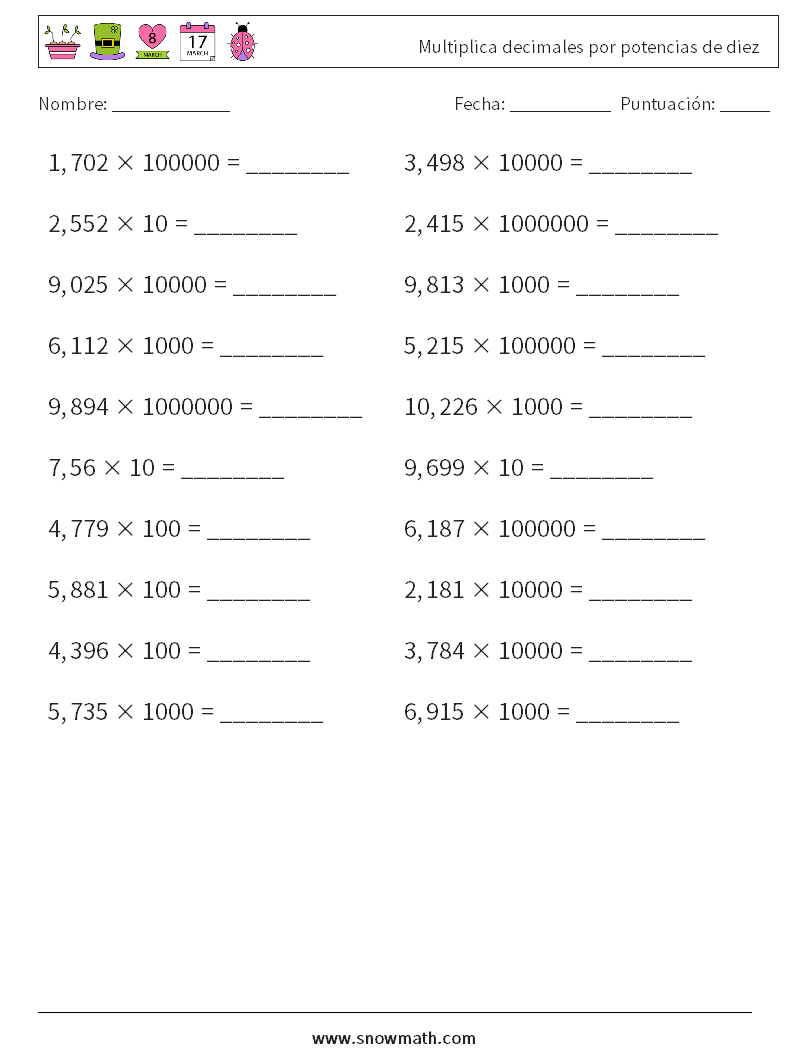 Multiplica decimales por potencias de diez Hojas de trabajo de matemáticas 15