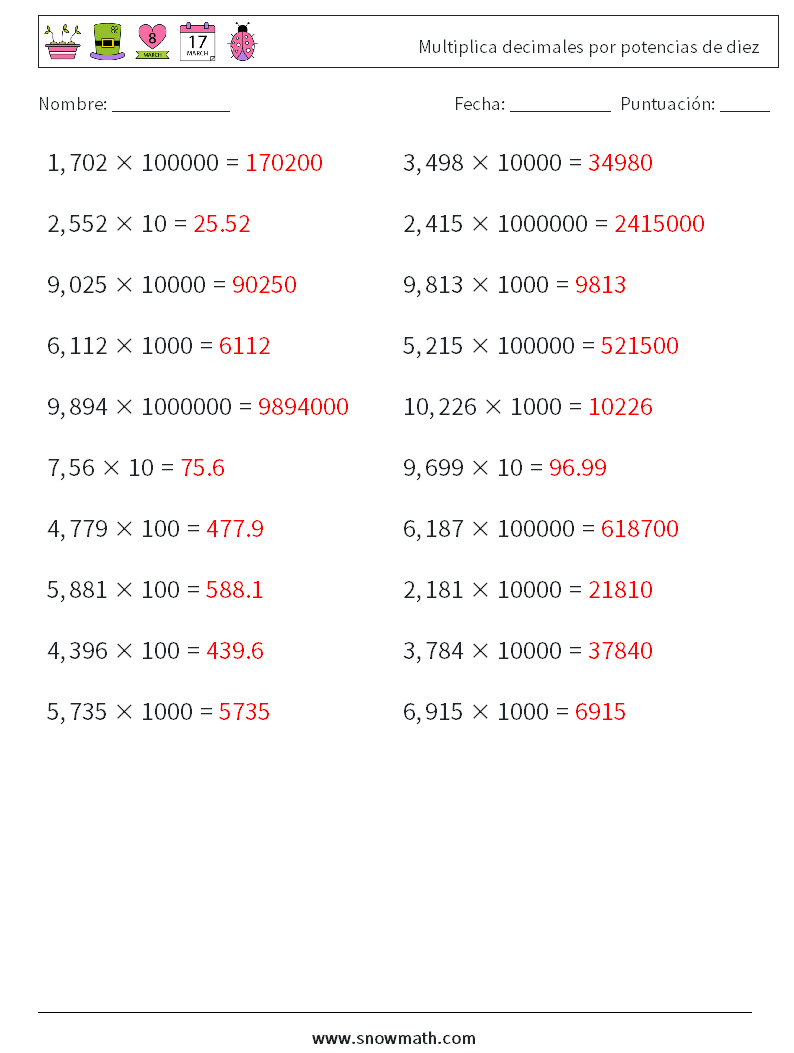 Multiplica decimales por potencias de diez Hojas de trabajo de matemáticas 15 Pregunta, respuesta