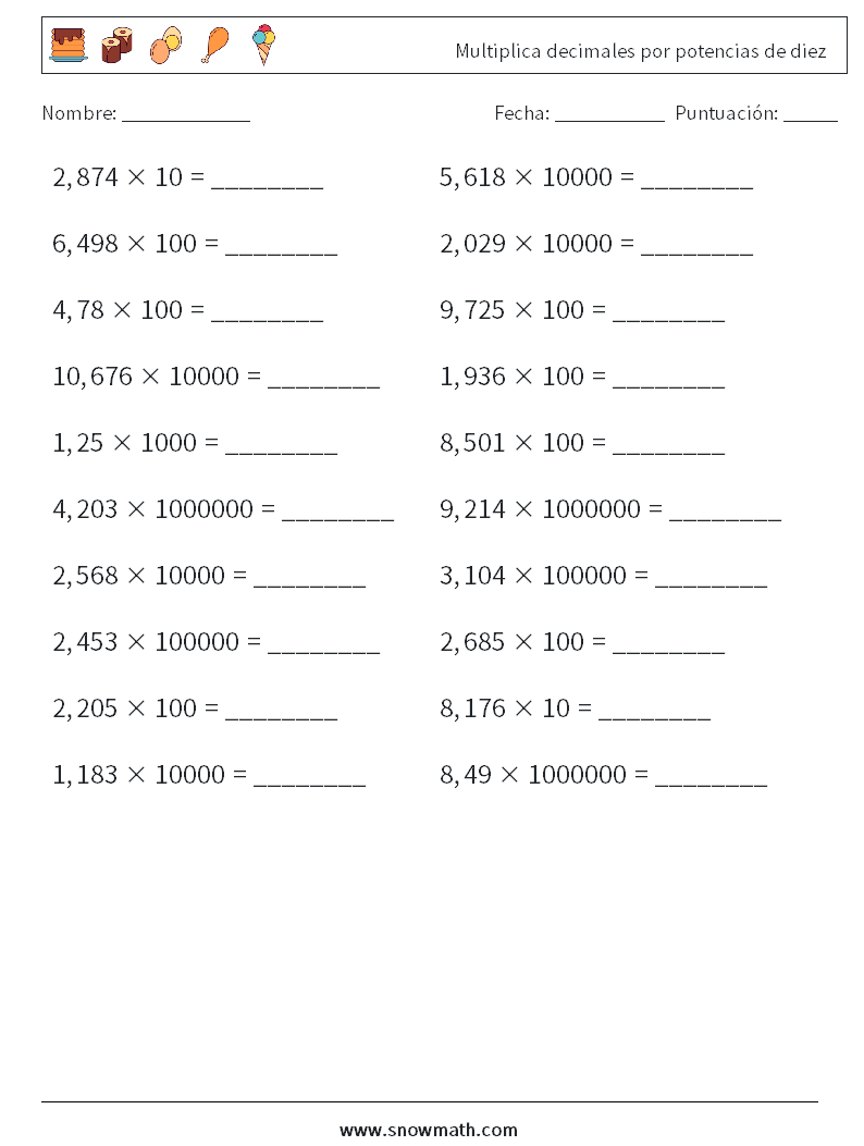 Multiplica decimales por potencias de diez Hojas de trabajo de matemáticas 16