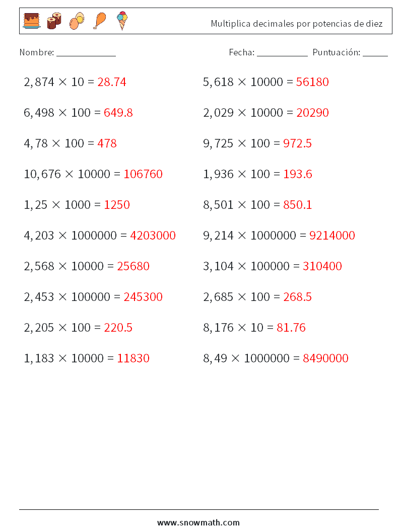 Multiplica decimales por potencias de diez Hojas de trabajo de matemáticas 16 Pregunta, respuesta