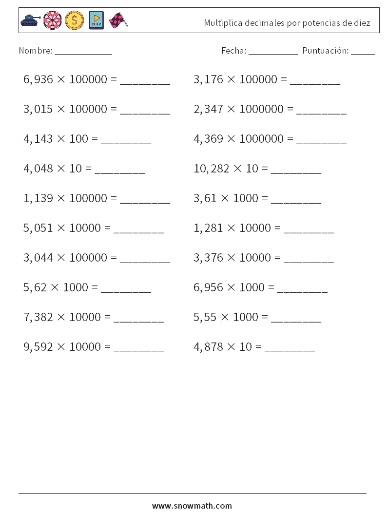 Multiplica decimales por potencias de diez Hojas de trabajo de matemáticas 17