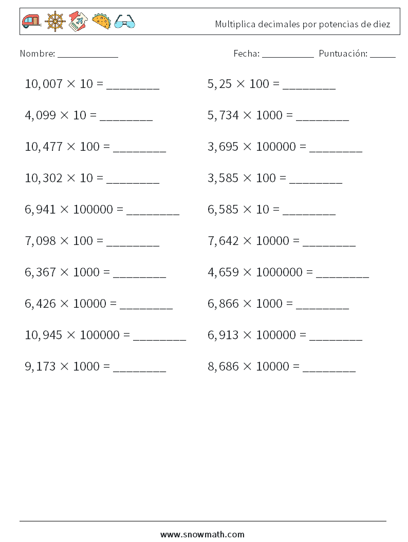 Multiplica decimales por potencias de diez Hojas de trabajo de matemáticas 18