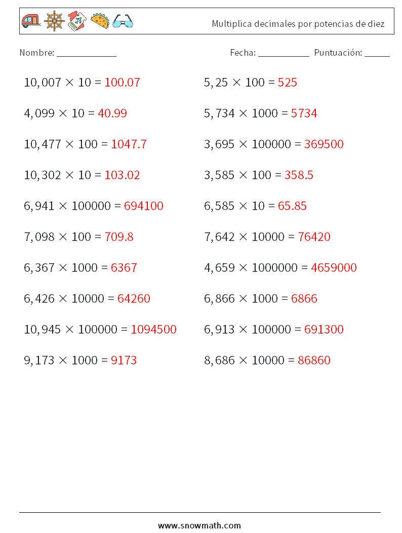 Multiplica decimales por potencias de diez Hojas de trabajo de matemáticas 18 Pregunta, respuesta