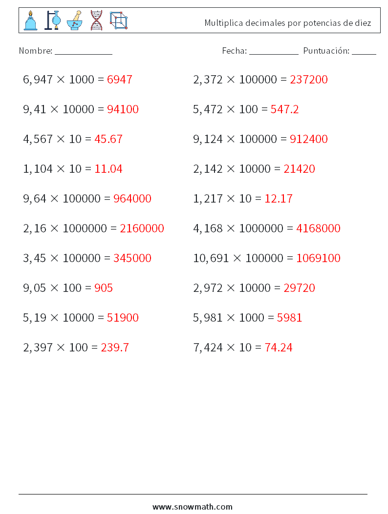 Multiplica decimales por potencias de diez Hojas de trabajo de matemáticas 1 Pregunta, respuesta