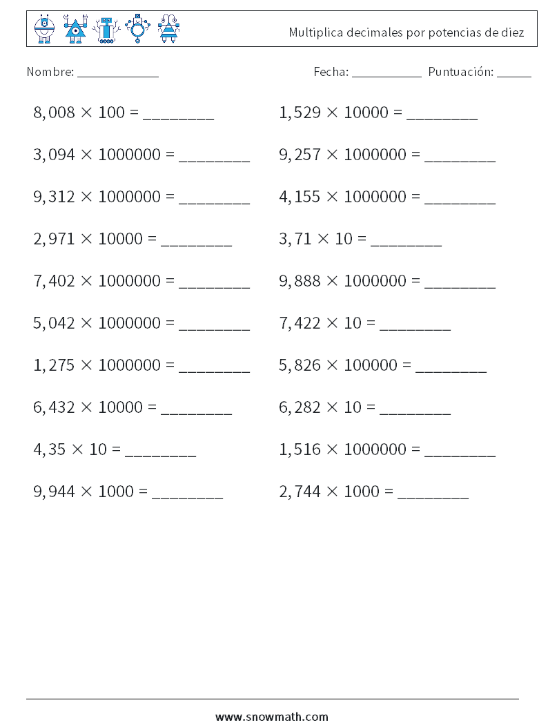 Multiplica decimales por potencias de diez Hojas de trabajo de matemáticas 2