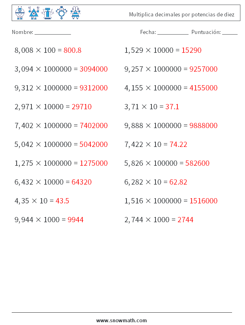 Multiplica decimales por potencias de diez Hojas de trabajo de matemáticas 2 Pregunta, respuesta