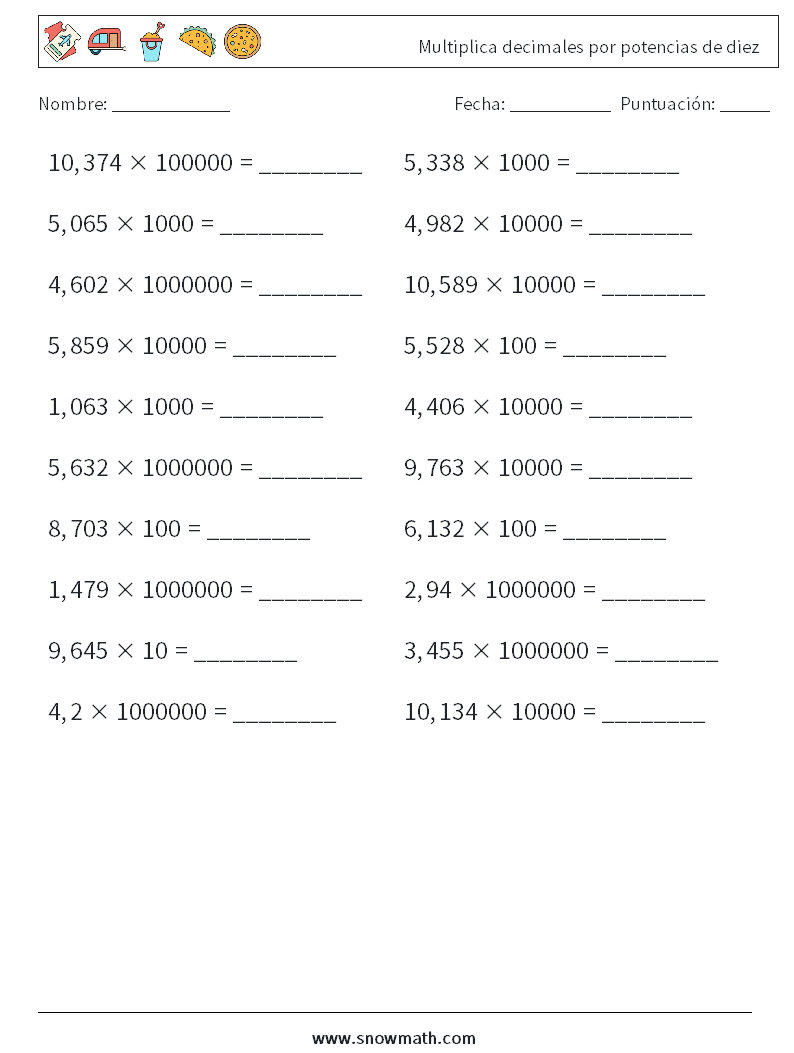 Multiplica decimales por potencias de diez Hojas de trabajo de matemáticas 3