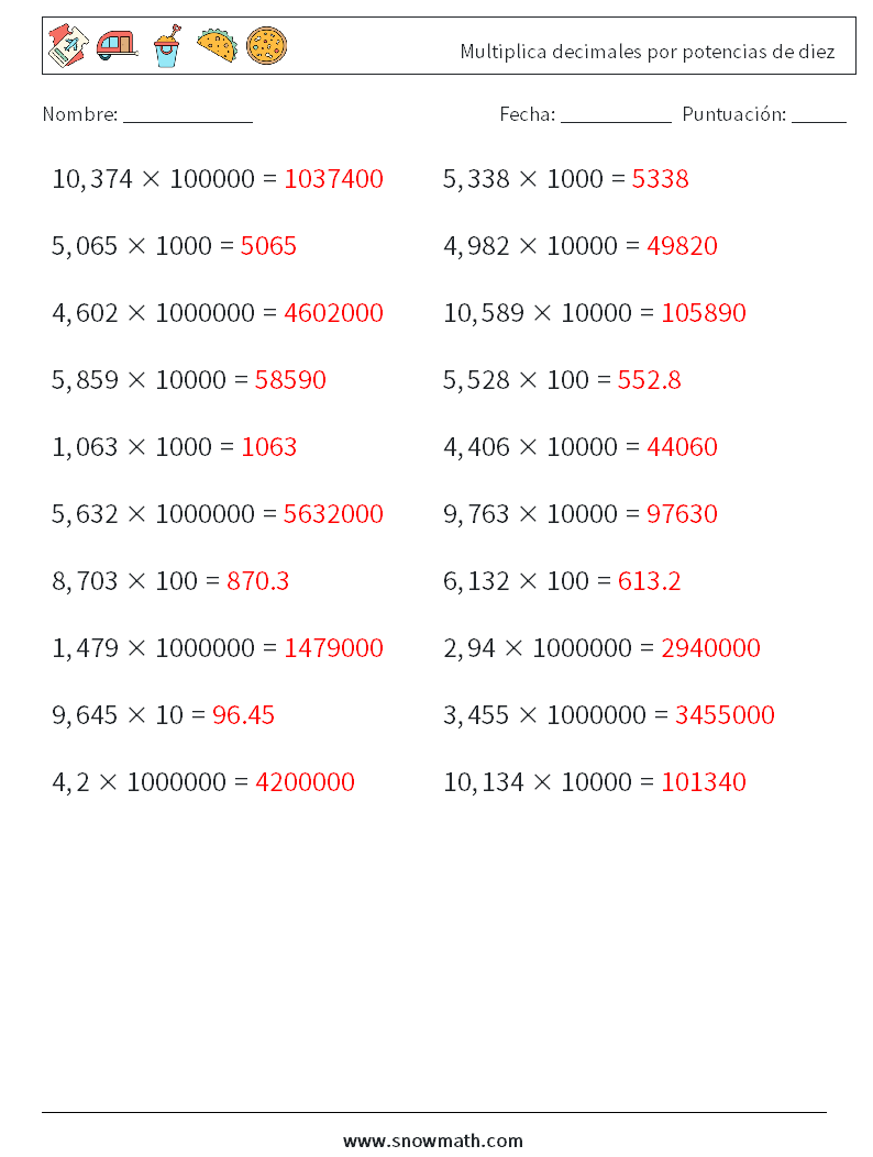 Multiplica decimales por potencias de diez Hojas de trabajo de matemáticas 3 Pregunta, respuesta