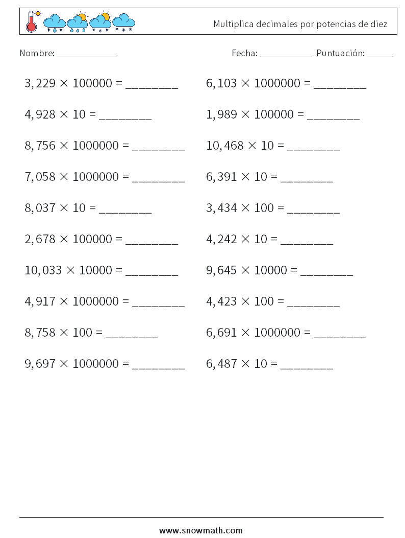 Multiplica decimales por potencias de diez Hojas de trabajo de matemáticas 4