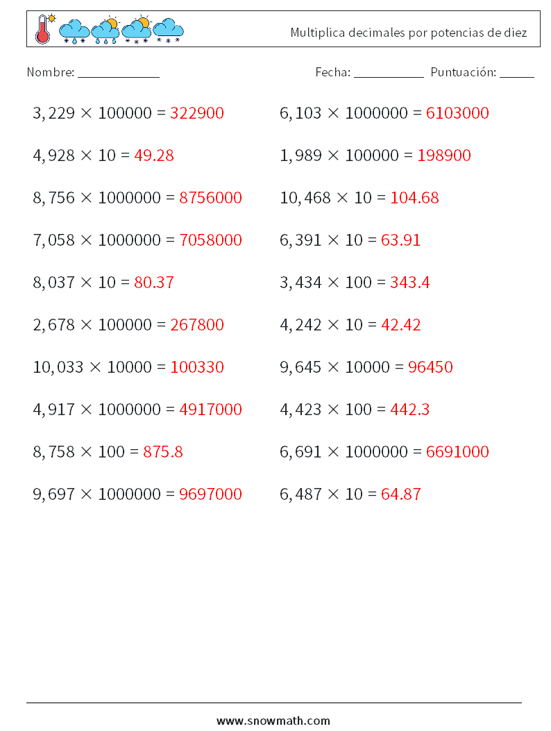 Multiplica decimales por potencias de diez Hojas de trabajo de matemáticas 4 Pregunta, respuesta