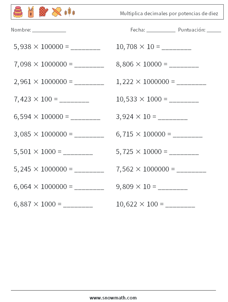 Multiplica decimales por potencias de diez Hojas de trabajo de matemáticas 5