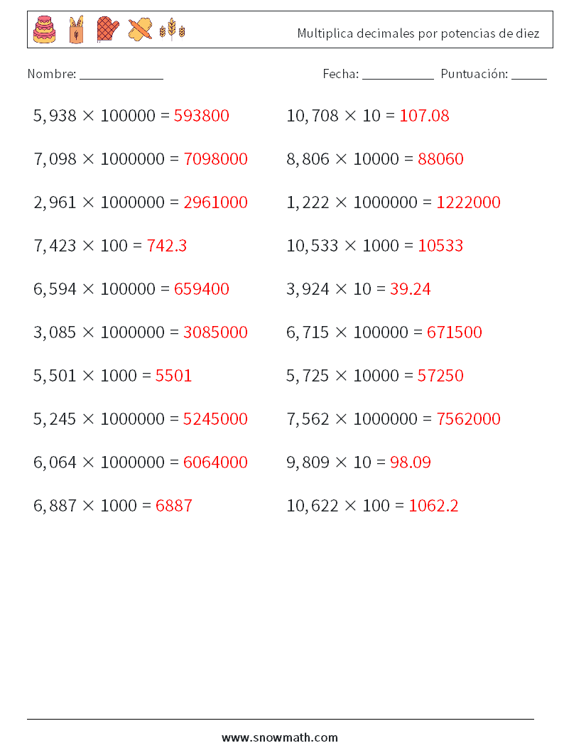 Multiplica decimales por potencias de diez Hojas de trabajo de matemáticas 5 Pregunta, respuesta