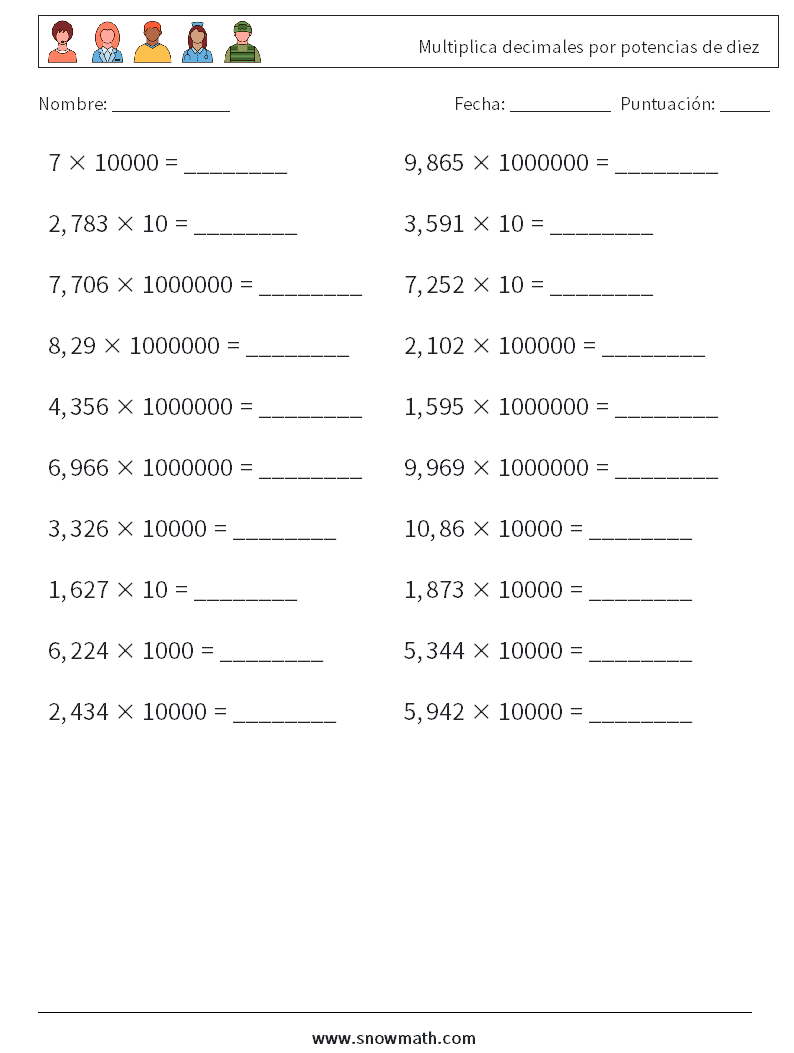 Multiplica decimales por potencias de diez Hojas de trabajo de matemáticas 6