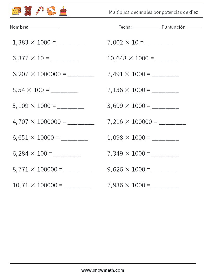 Multiplica decimales por potencias de diez Hojas de trabajo de matemáticas 7