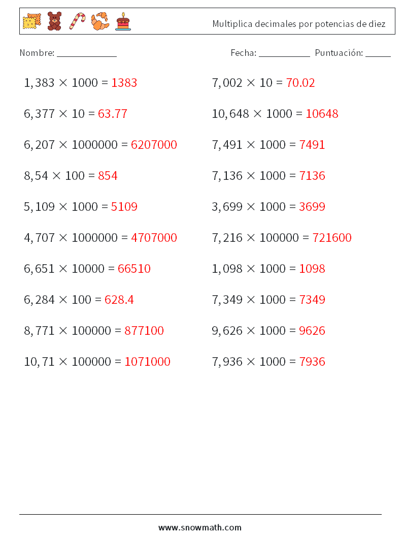 Multiplica decimales por potencias de diez Hojas de trabajo de matemáticas 7 Pregunta, respuesta