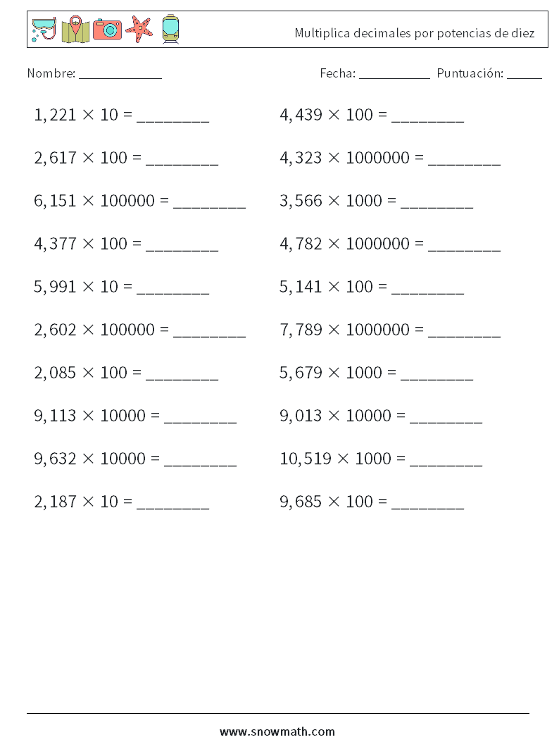 Multiplica decimales por potencias de diez Hojas de trabajo de matemáticas 8