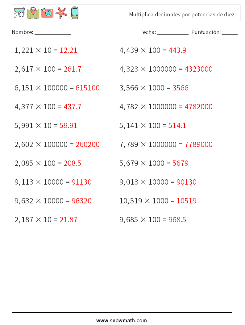 Multiplica decimales por potencias de diez Hojas de trabajo de matemáticas 8 Pregunta, respuesta