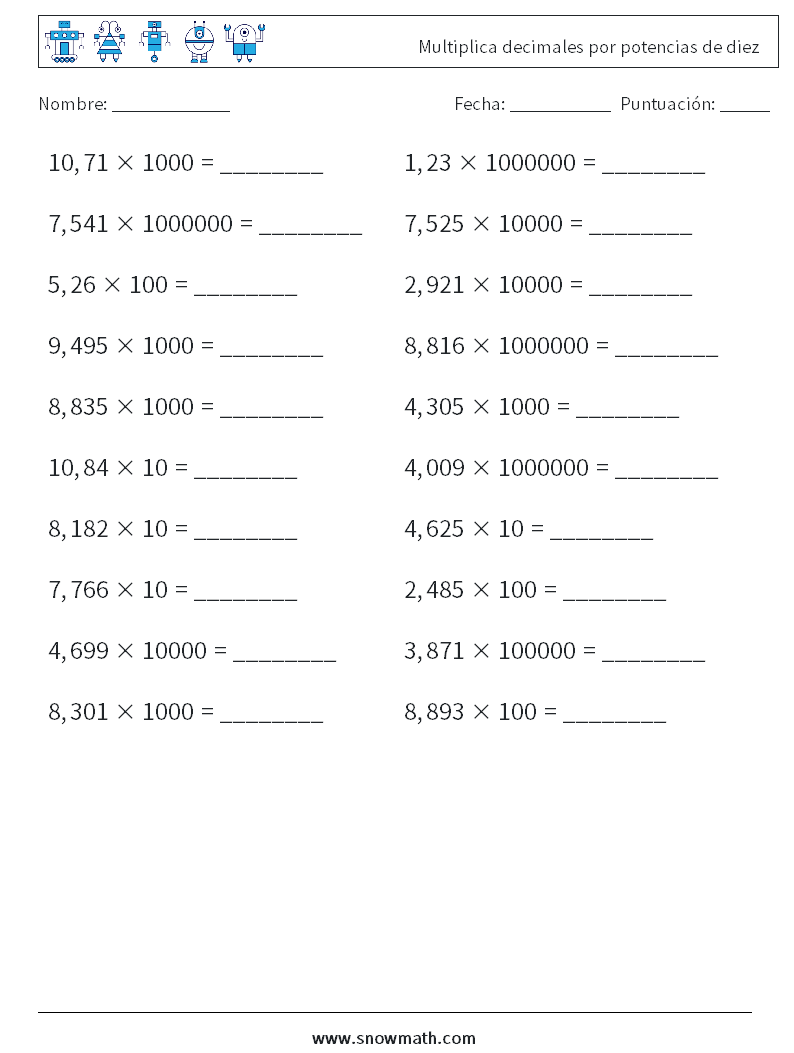 Multiplica decimales por potencias de diez Hojas de trabajo de matemáticas 9