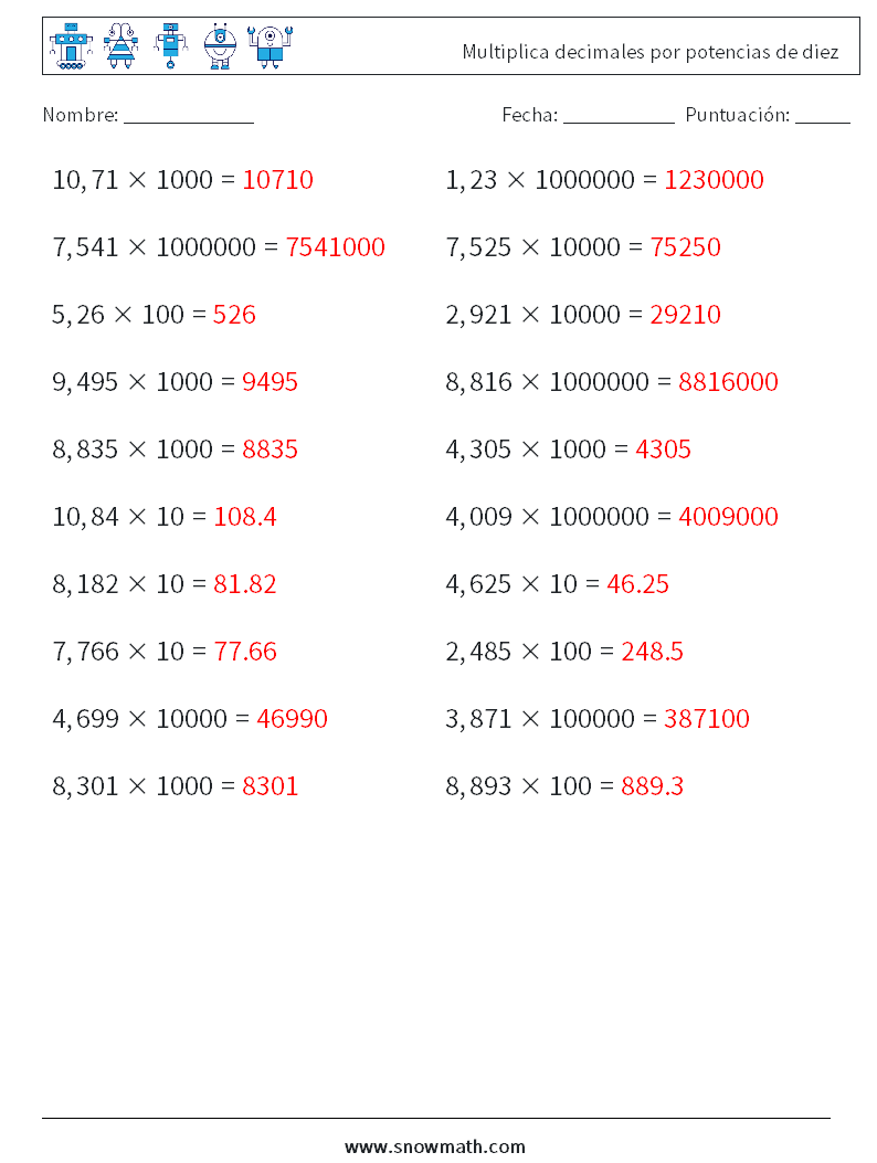 Multiplica decimales por potencias de diez Hojas de trabajo de matemáticas 9 Pregunta, respuesta