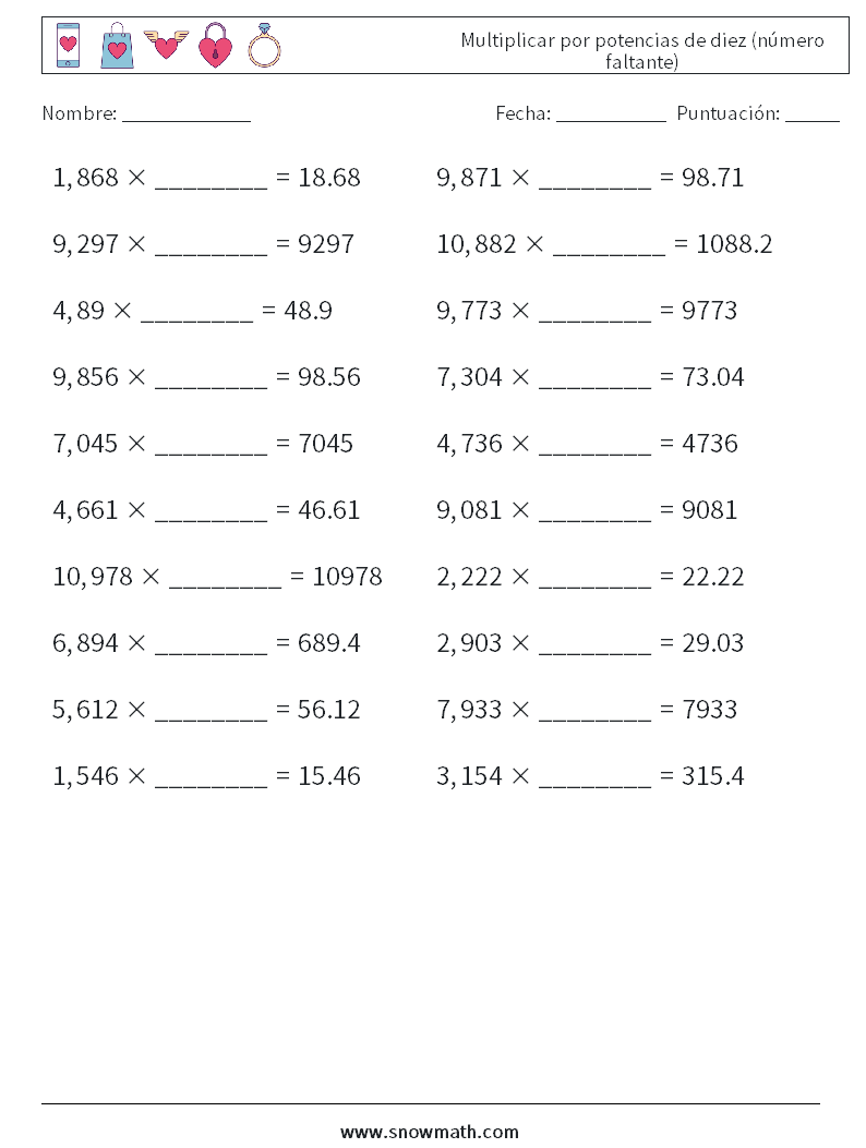 Multiplicar por potencias de diez (número faltante) Hojas de trabajo de matemáticas 10