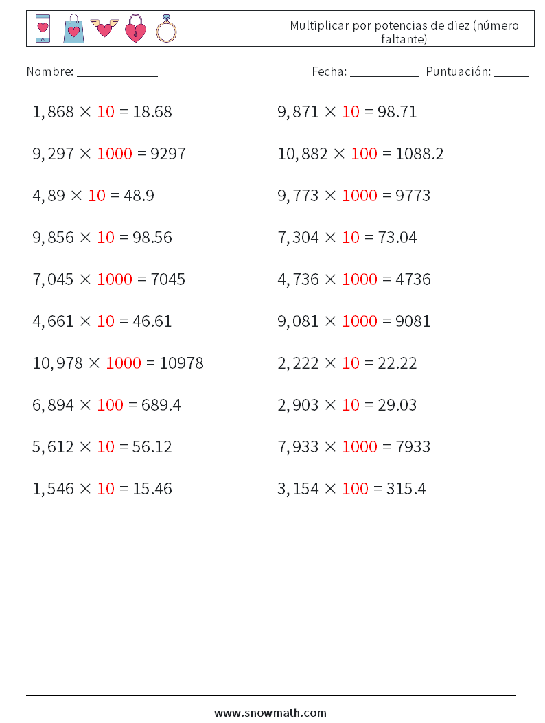 Multiplicar por potencias de diez (número faltante) Hojas de trabajo de matemáticas 10 Pregunta, respuesta