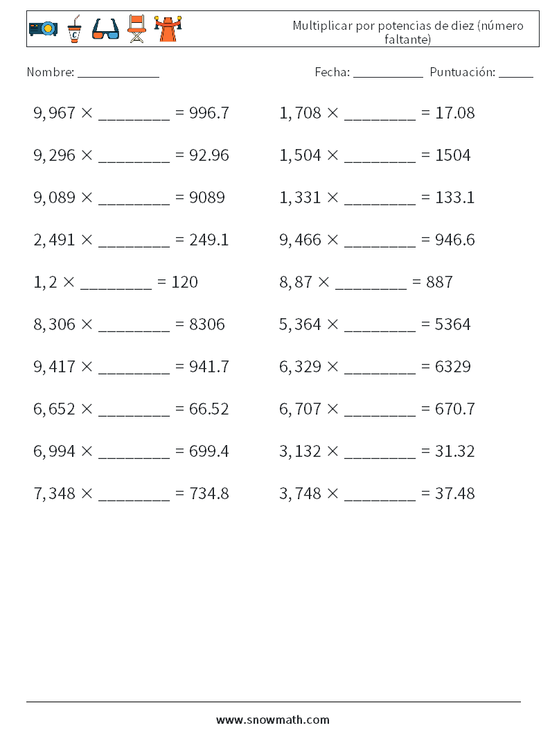 Multiplicar por potencias de diez (número faltante) Hojas de trabajo de matemáticas 12