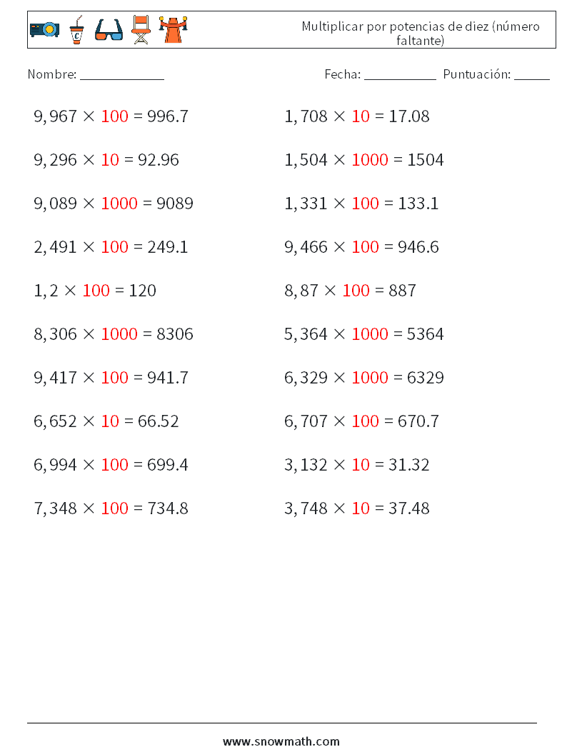 Multiplicar por potencias de diez (número faltante) Hojas de trabajo de matemáticas 12 Pregunta, respuesta