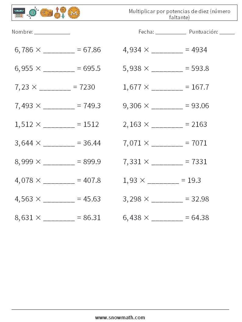 Multiplicar por potencias de diez (número faltante) Hojas de trabajo de matemáticas 13