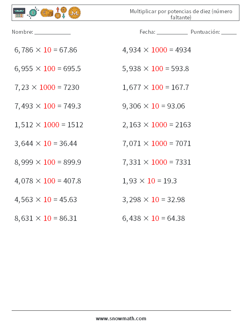 Multiplicar por potencias de diez (número faltante) Hojas de trabajo de matemáticas 13 Pregunta, respuesta