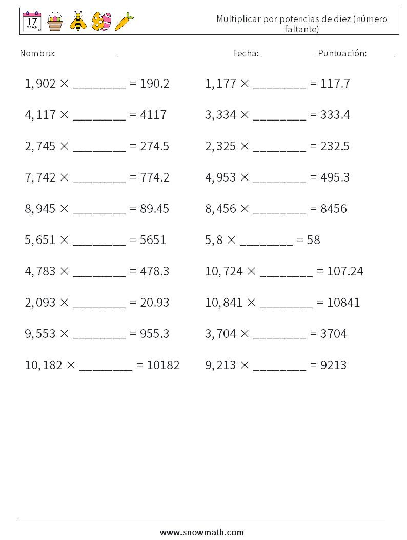 Multiplicar por potencias de diez (número faltante) Hojas de trabajo de matemáticas 14