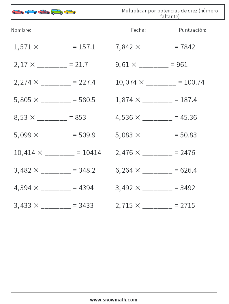 Multiplicar por potencias de diez (número faltante) Hojas de trabajo de matemáticas 15