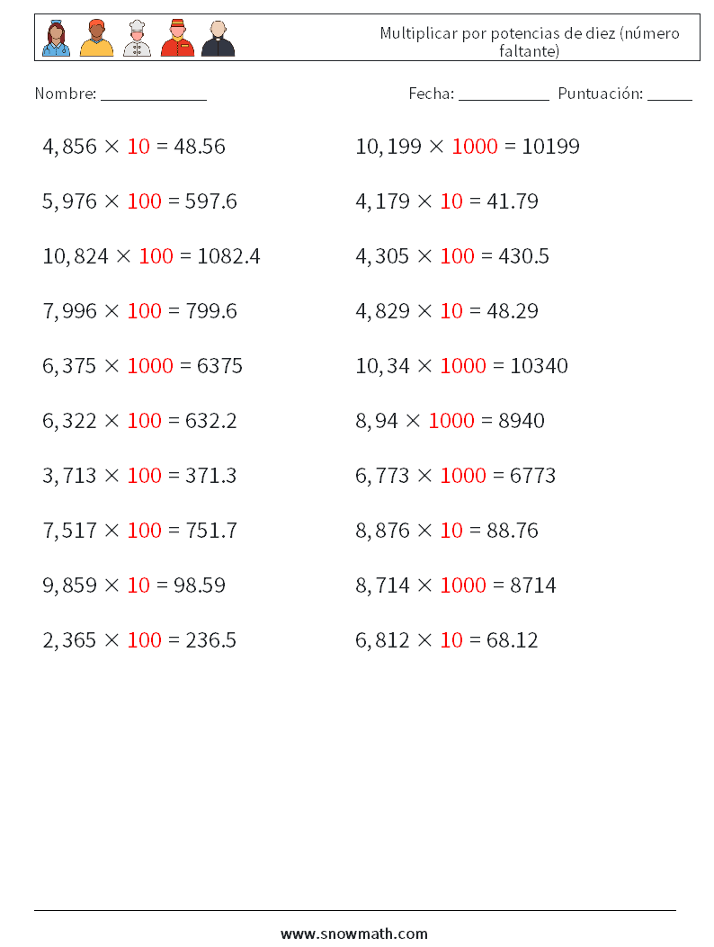 Multiplicar por potencias de diez (número faltante) Hojas de trabajo de matemáticas 16 Pregunta, respuesta