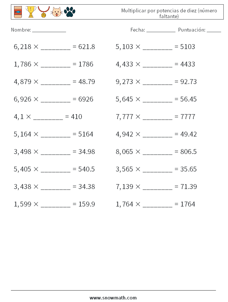 Multiplicar por potencias de diez (número faltante) Hojas de trabajo de matemáticas 17